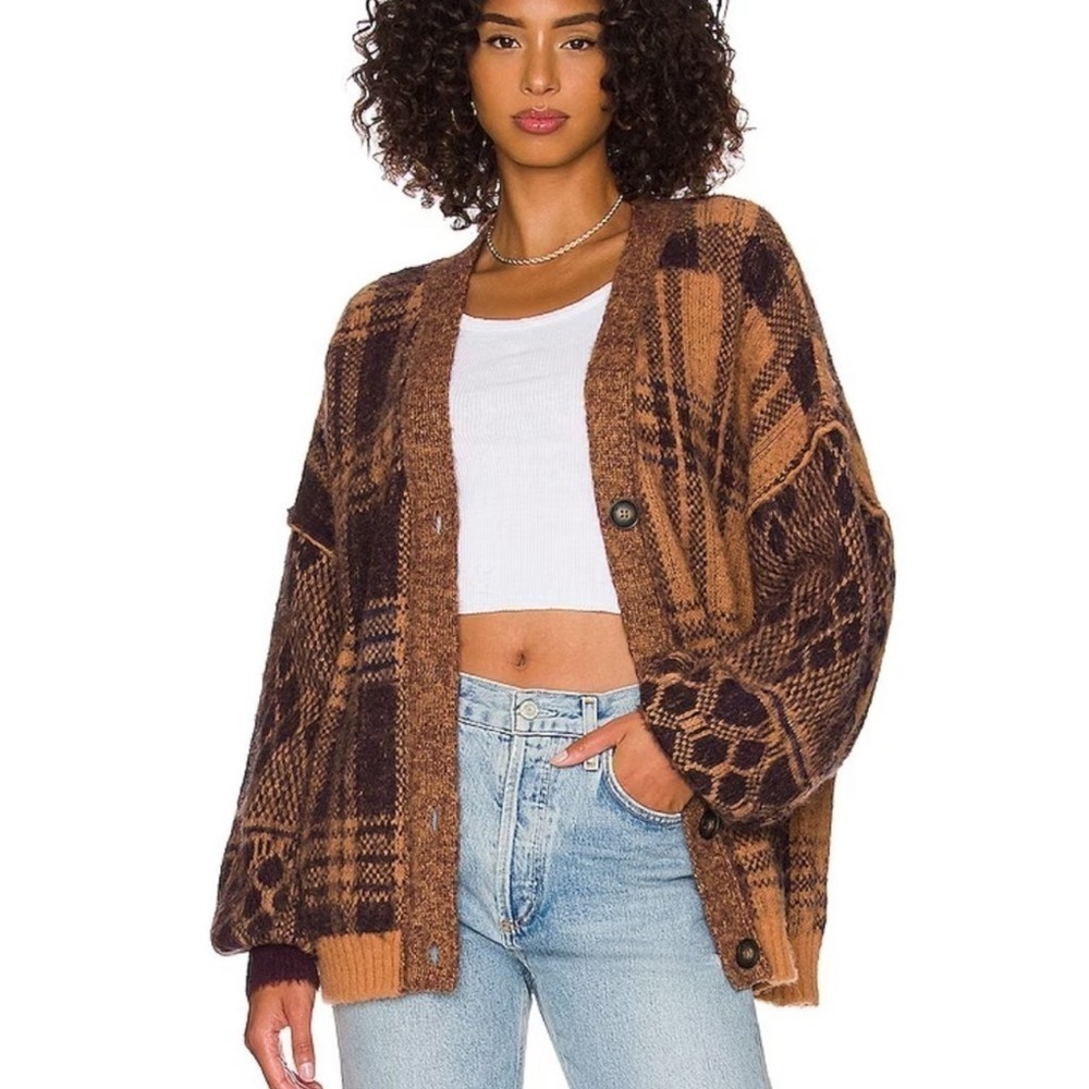 Free People Sepia Plaid Jacquard Oversized Cardigan in Birchwood Combo Sz. XS
